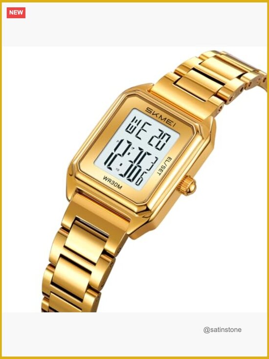 Gold Digital Watch for Women Square Stainless Steel Waterproof LED Date Alarm